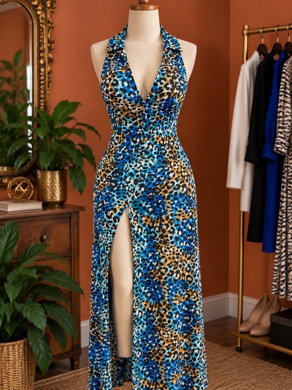 New York & Company Blue and Brown Animal Print Maxi Dress